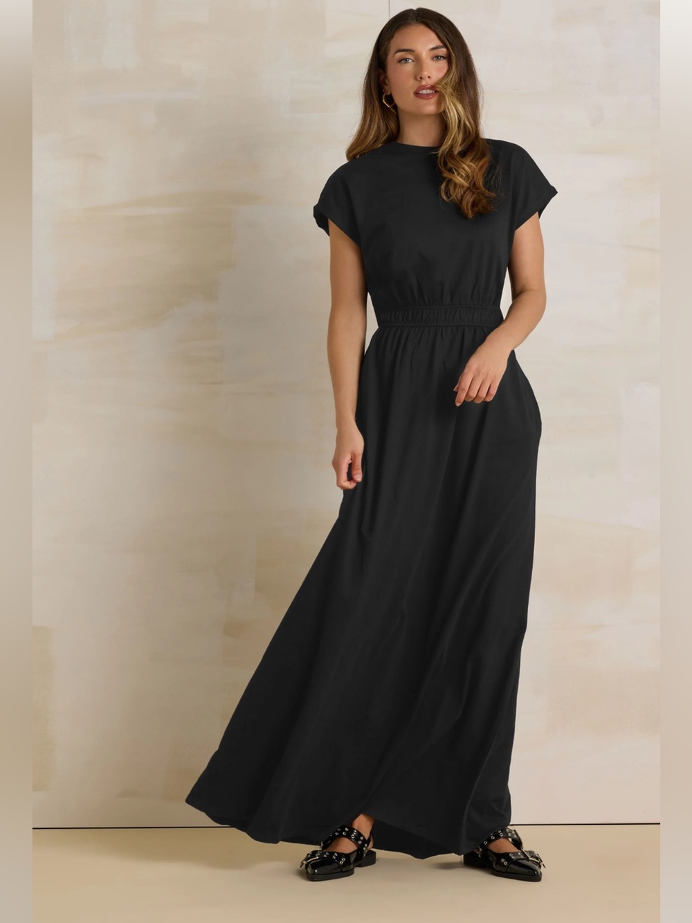 NWT Long Tall Sally Black Jersey Shirred Waist Cotton Maxi Dress US 12 Tall